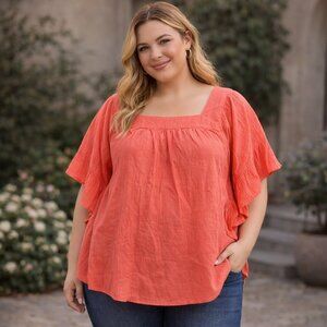 Terra & Sky Orange Square Neck Peasant Blouse 4X Ruffle Sleeve Boho Cottagecore